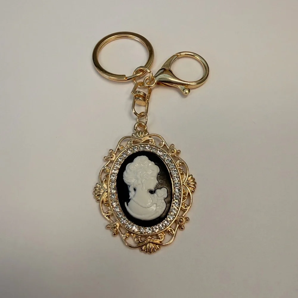 Cameo Portrait Keychain, Bag Charm or Necklace Charm in Black and‎ Gold